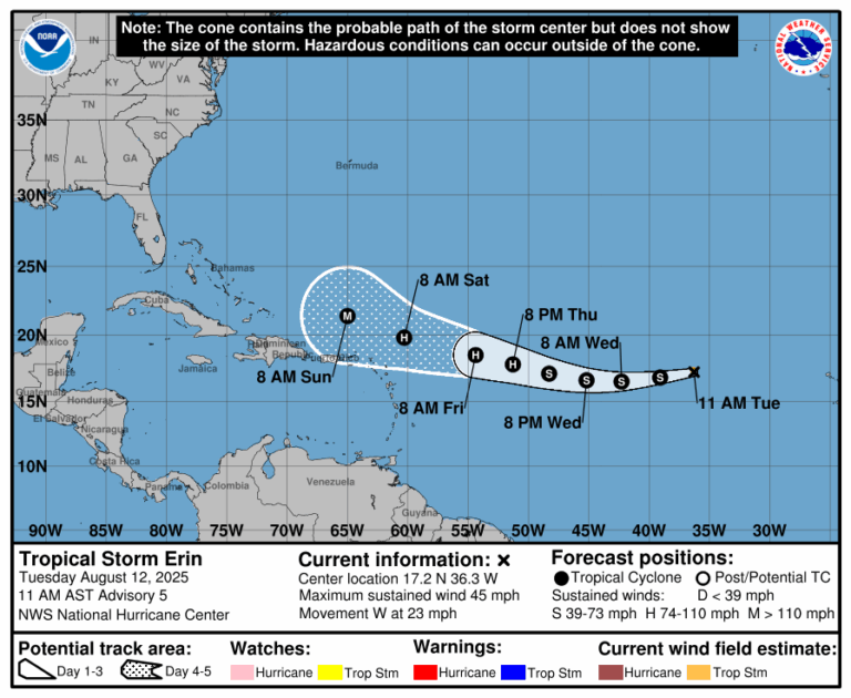 Tormenta tropical Erin avanza rápidamente hacia el oeste y podría convertirse en huracán esta semana