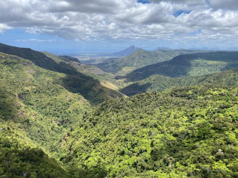 a view of a lush green valley with mountains in the background
