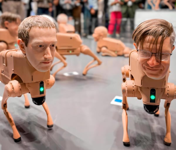 Perros robóticos con cabezas de magnates tecnológicos provocan furor en Art Basel